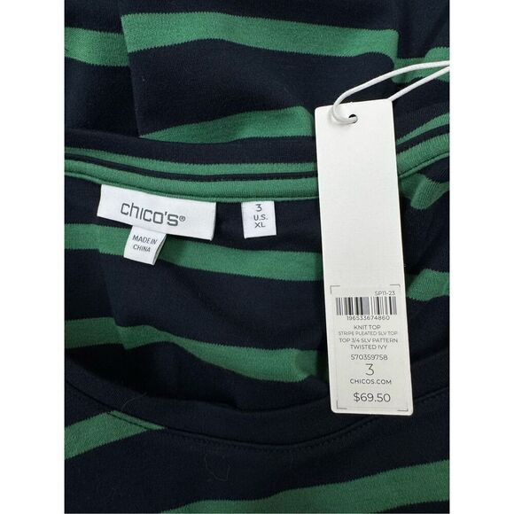 NWT Chico’s Size 3 Stripe 3/4 Sleeve Blouse in Twisted Ivy - Picture 3 of 4